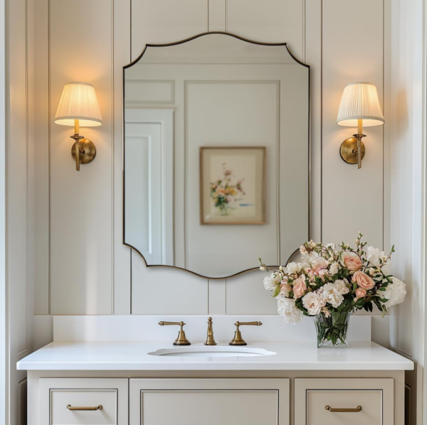 Asymmetrical Rectangular Mirror with Curved Edges, 24x32 inches ...inches, featuring a metal frame with an antique brass finish.