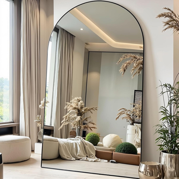 Elegant Freestanding Arched Mirror, 91x46 inches, with Black Finish—Ideal for Bedrooms or Dressing Rooms