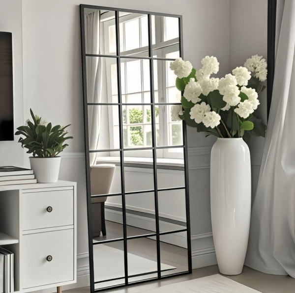 Windowpane-Style Full-Length Mirror, 65" x 24", featuring a black frame; supports both leaning against a wall and wall-mounting
