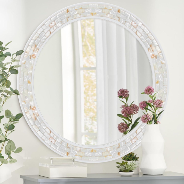 Round Wall Mirror, 36-inch diameter, featuring a natural seashell-inlaid frame—Ideal for rooms or Bedrooms